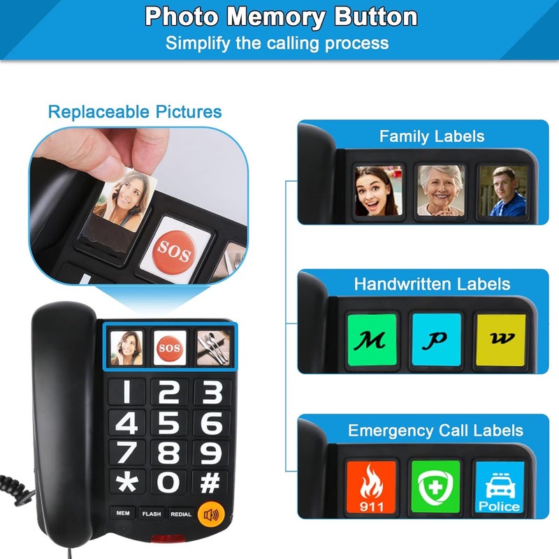 Sangyn Landline Phones for Seniors with Large Button Corded Telephone for Home with Amplified Loud Ringer Volume Adjustable One-Touch Dialing Big Button Telephones for Visually Hearing Impaired,Black - Image 2